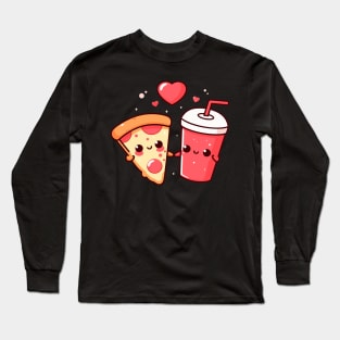 Kawaii Pepperoni Pizza Slice and Cola Drink with Hearts | Pizza and Chill | Pizza Lovers Long Sleeve T-Shirt